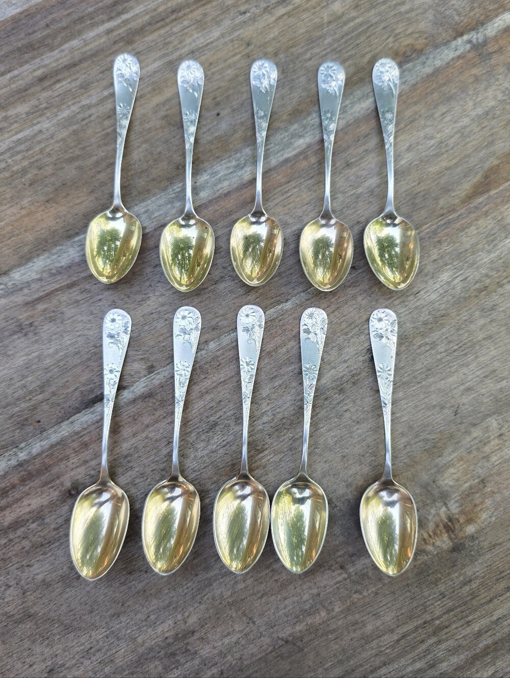 10 | Sterling Silver | Demitasse Spoons | Gold Wash Bowls | Etched Floral Design